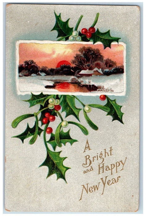 1909 Happy New Year Mistletoe Berries House Winter Embossed Antique Postcard