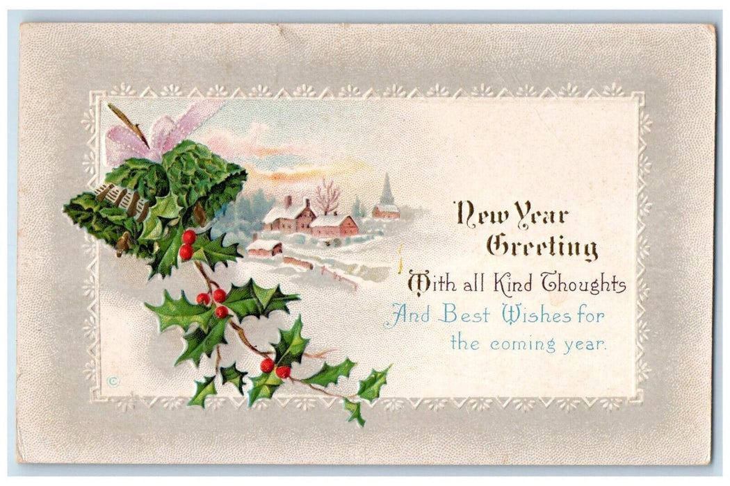 c1920's New Year Greetings Ringing Bells Berries House Winter Embossed Postcard