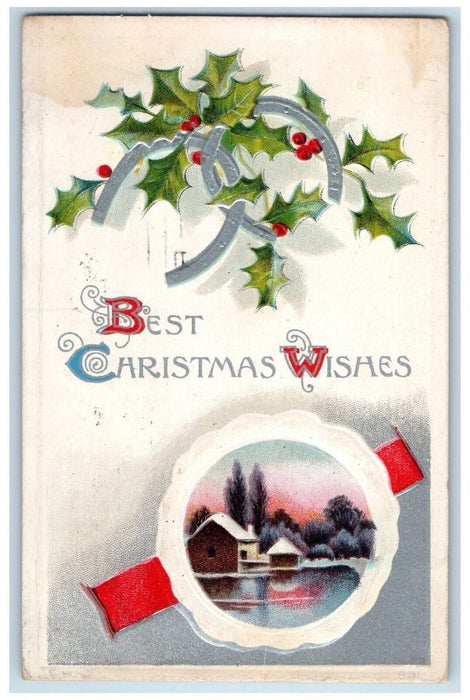 1912 Christmas Wishes Horseshoe Berries House River Embossed Chicago IL Postcard