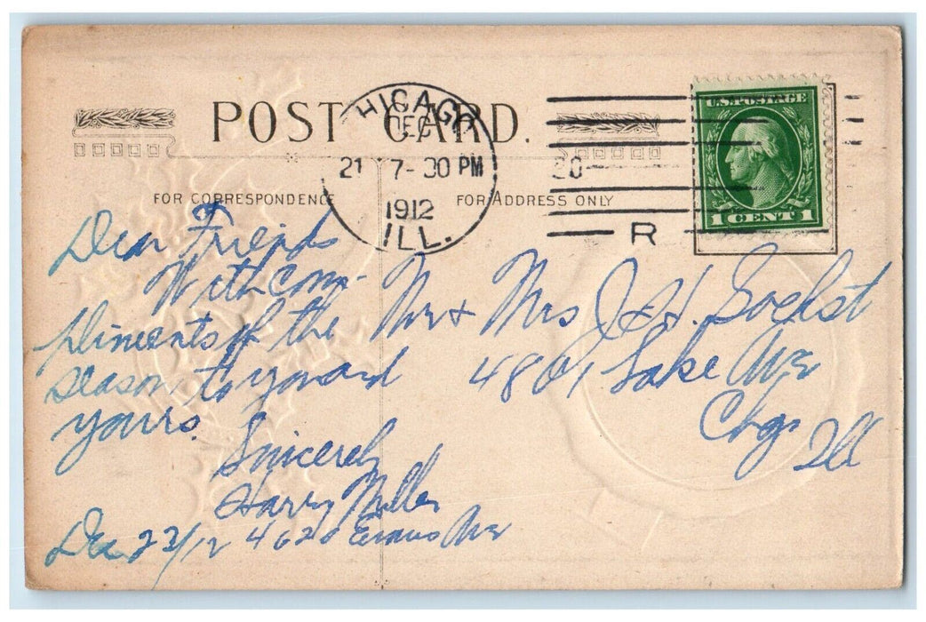 1912 Christmas Wishes Horseshoe Berries House River Embossed Chicago IL Postcard