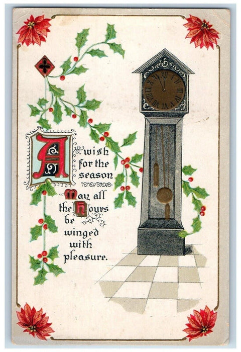 1913 Christmas Poinsettia Flowers Ringing Clock Embossed Jamestown NY Postcard