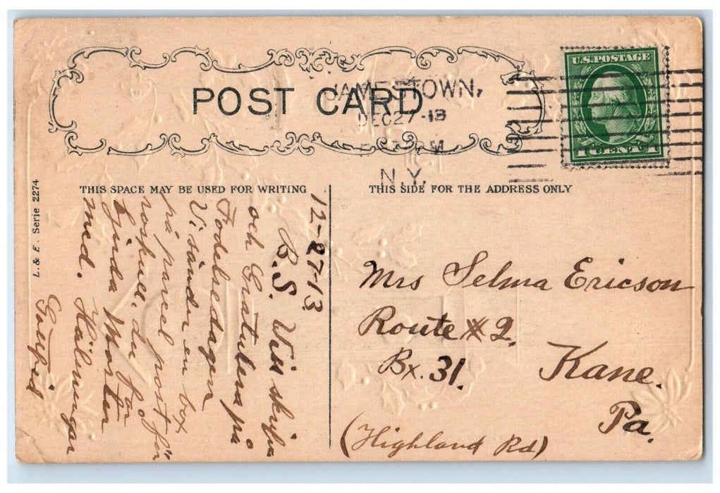 1913 Christmas Poinsettia Flowers Ringing Clock Embossed Jamestown NY Postcard