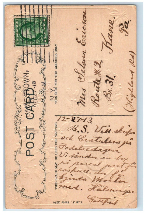 1913 Christmas Poinsettia Flowers Ringing Clock Embossed Jamestown NY Postcard