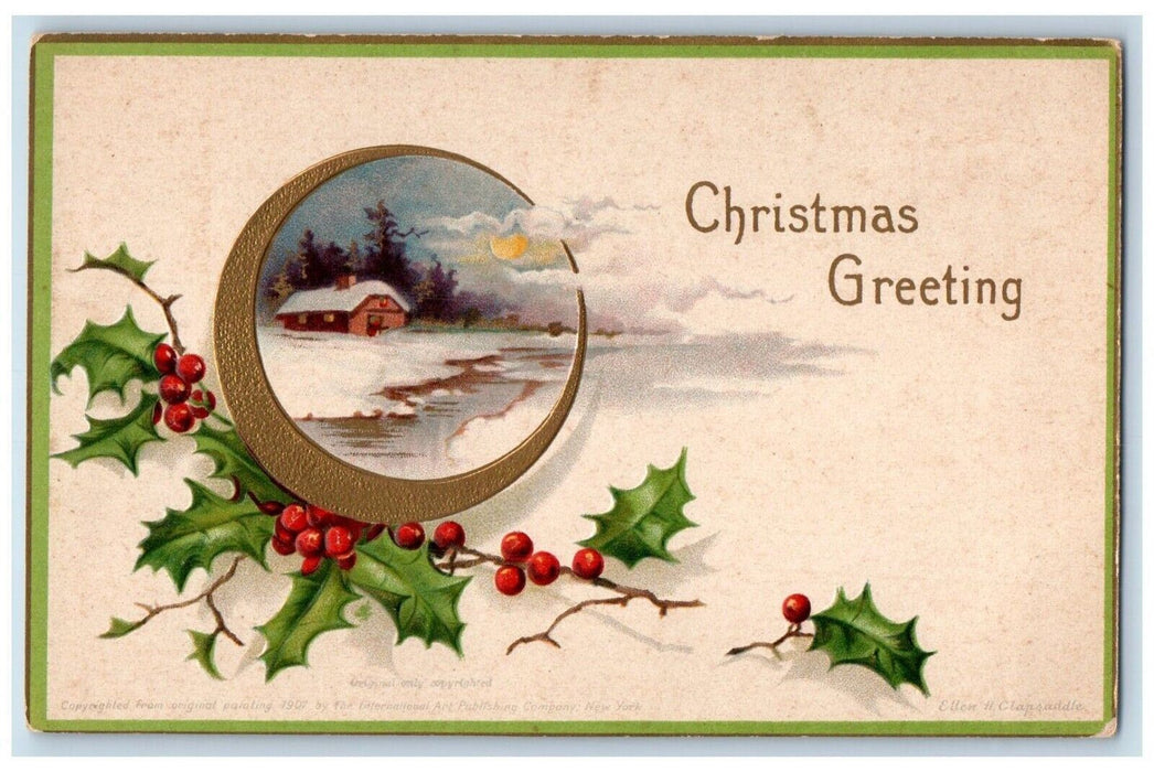 c1910's Christmas Greeting Holly Berries House Winter Ellen Clapsaddle Postcard