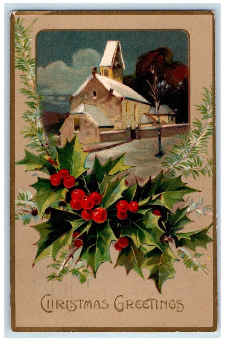 1912 Christmas Greeting Holly Berries House Winter Buffalo New York NY Postcard