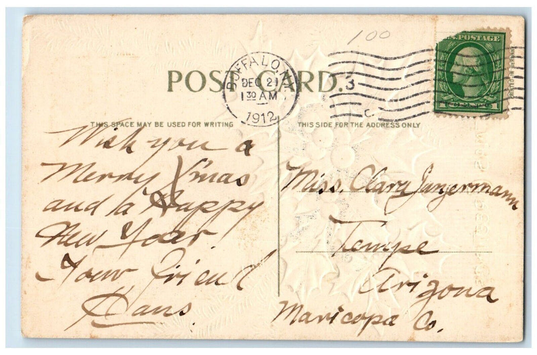 1912 Christmas Greeting Holly Berries House Winter Buffalo New York NY Postcard
