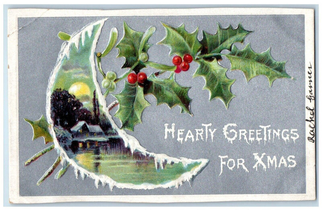 c1910's Christmas Greetings Crescent Holly Berries Mistletoe Embossed Postcard