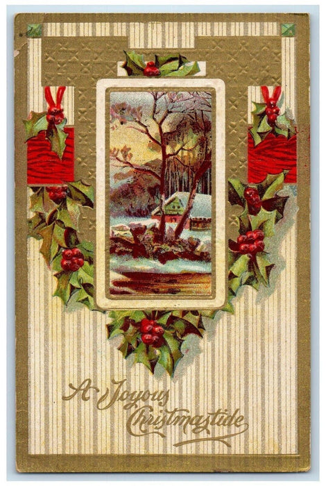 1909 Christmas Holly Berries House Winter Embossed Posted Antique Postcard