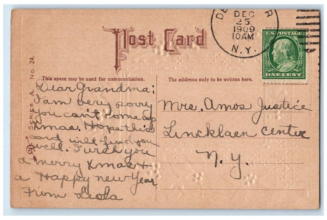 1909 Christmas Holly Berries House Winter Embossed Posted Antique Postcard