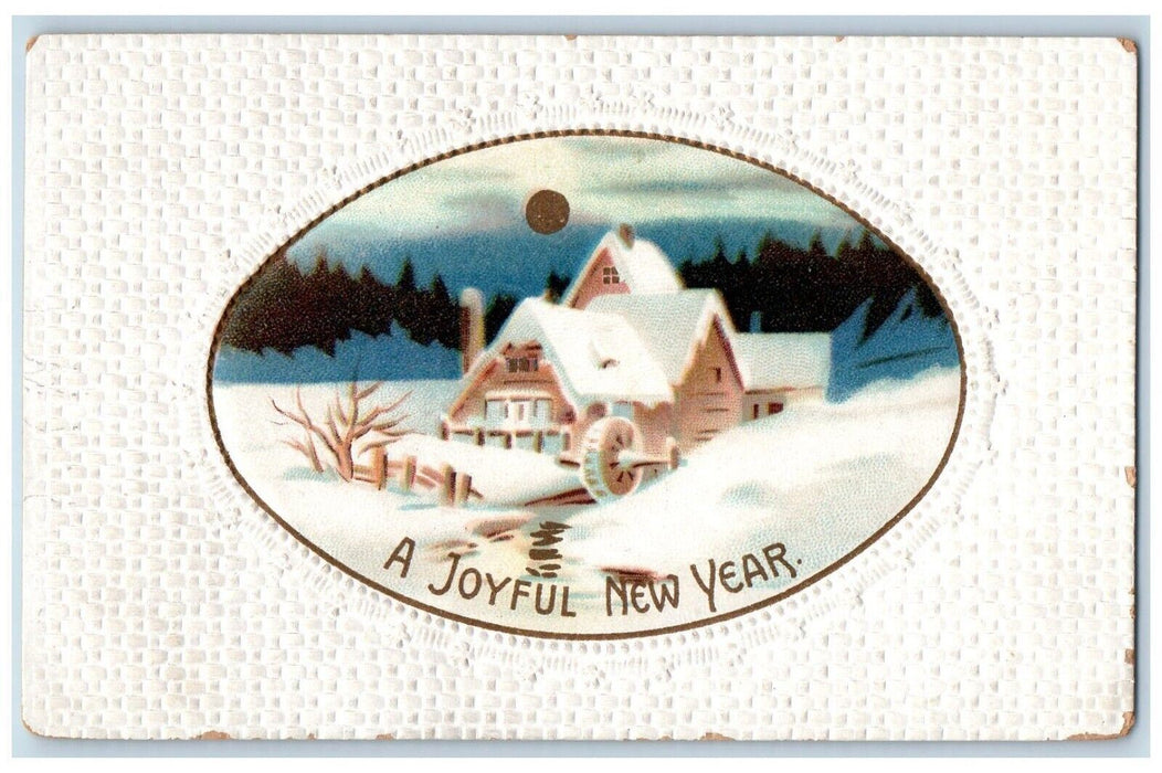 c1910's New Year House Mill Covered Snow Embossed Clapsaddle Antique Postcard