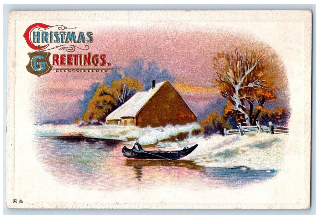 1912 Christmas Greetings House Winter Canoeing Boat Nash Mason MI Postcard