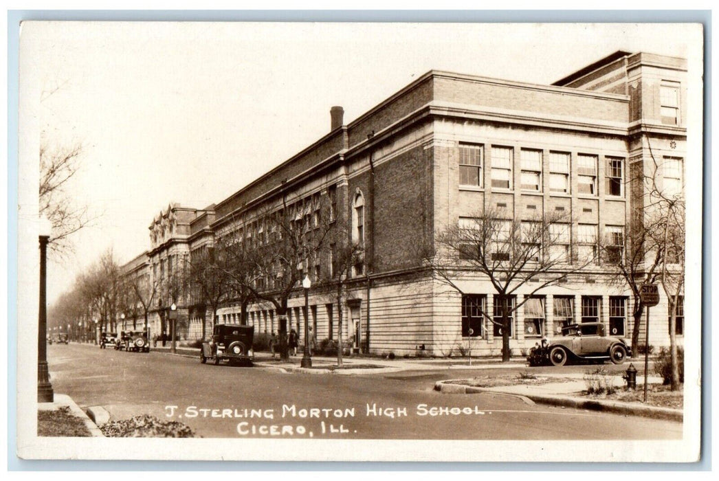 J. Sterling Morton High School Building Cars Cicero IL RPPC Photo Postcard