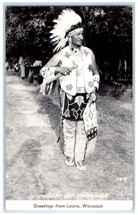 1949 Greetings From Laona Wisconsin WI, Chief Of Thunder RPPC Photo Postcard