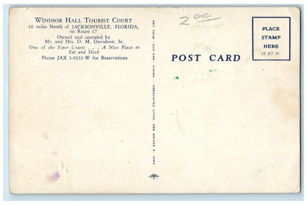 c1940 Roadside View Windsor Hall Tourist Court Jacksonville Florida FL Postcard