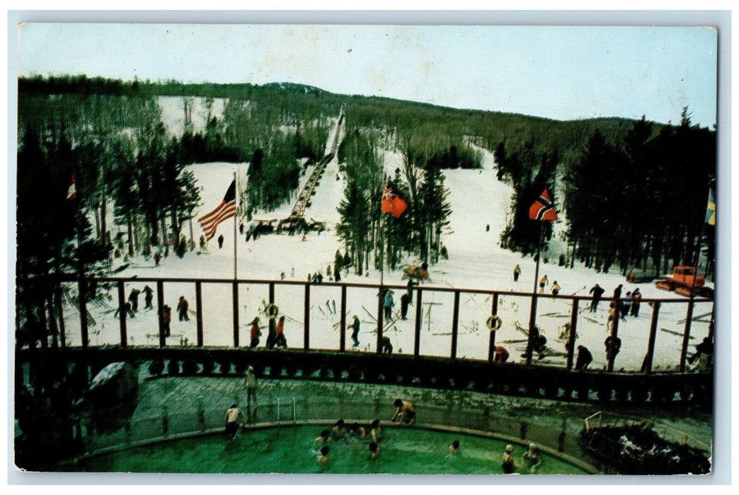 1960 Sauna Pool Mt. Snow Flags Tourist Skiing West Dover Vermont VT Postcard