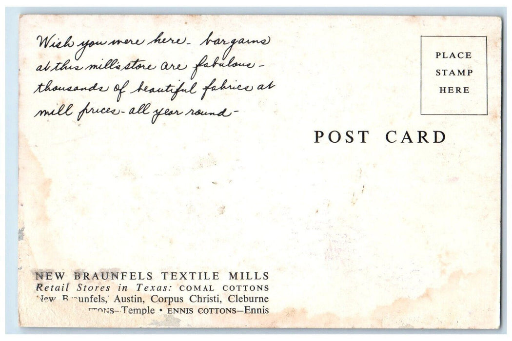 c1960 New Braunfels Textile Mills Comal Cottons Retail Store Texas TX Postcard