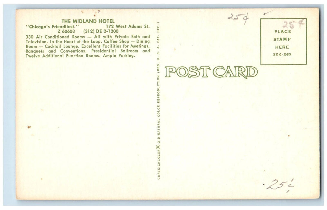 c1950 The Midland Hotel View Chicago Friendliest Restaurant Chicago IL Postcard