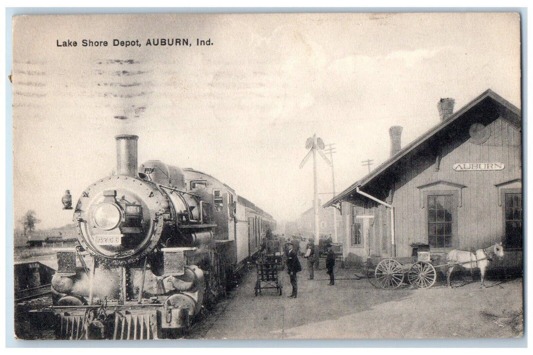 1909 Lake Shore Depot Station Locomotive Train Auburn Indiana IN Postcard