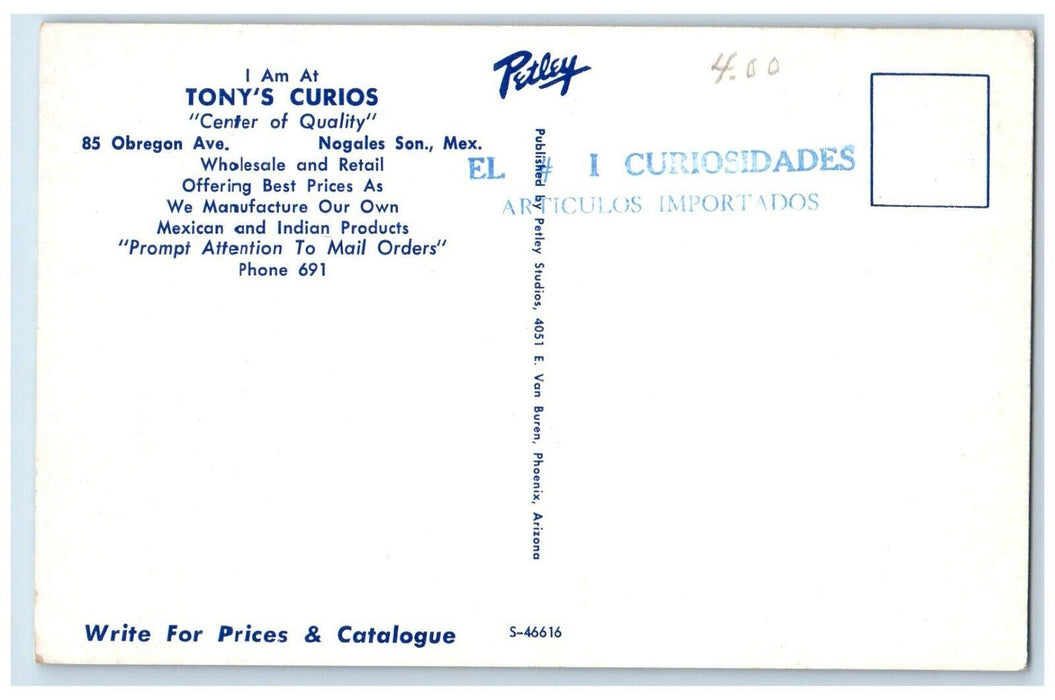 1960 I Am Tonys Curios Center Quality Obregon Nogales Son Mexico Petley Postcard