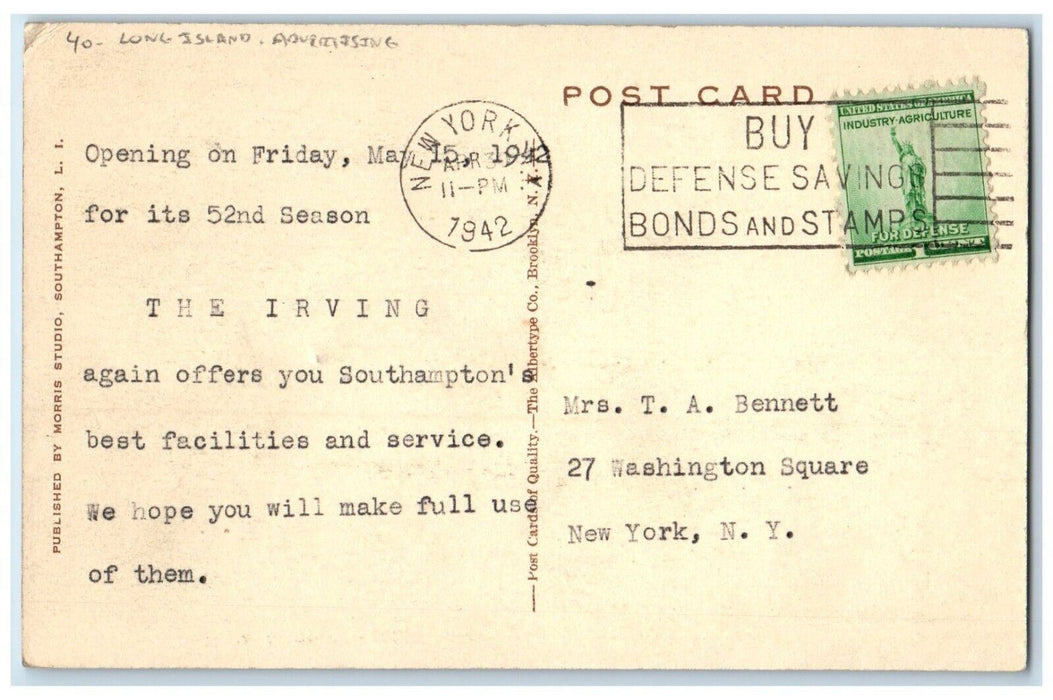 1924 The Terry Tavern At Irving Hotel Southampton NY, Advertising Postcard