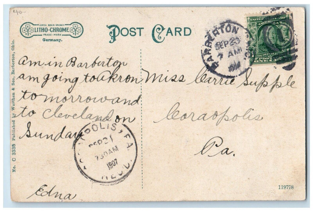 1907 Tuscarawas Avenue Looking West Trolley Barberton Ohio OH Antique Postcard