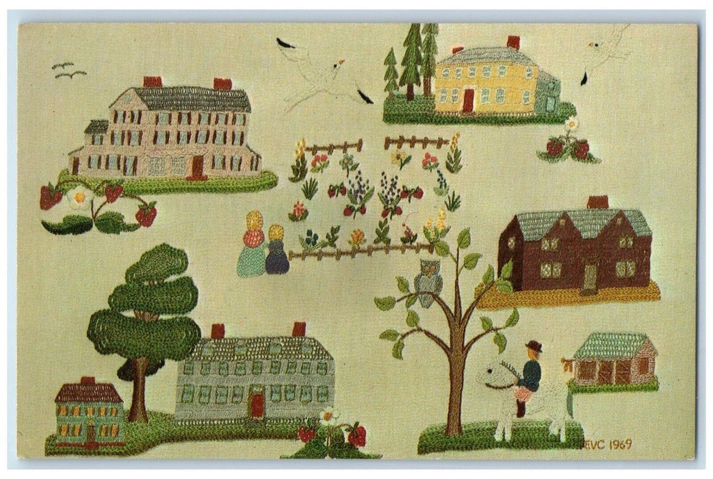 Primitive Crewel Sampler Depicting Scenes Portsmouth New Hampshire NH Postcard