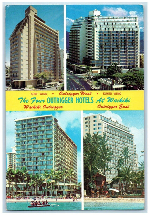 1960 Four Outrigger Hotel Building Waikiki Honolulu Hawaii HI Antique Postcard
