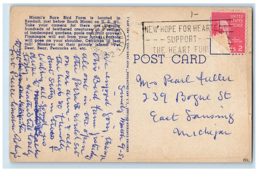 c1940s Parrots Eat from your Hand 1952 Rare Bird Farm, Miami Florida FL Postcard