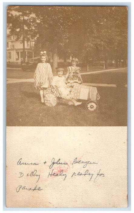 c1910 4th July Children Girls Patriotic Flags Parade Car Toy RPPC Photo Postcard