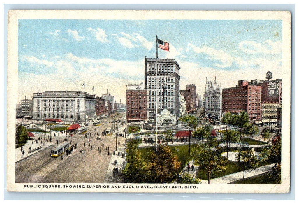 1917 Public Square Showing Superior and Euclid Ave. Cleveland OH Postcard