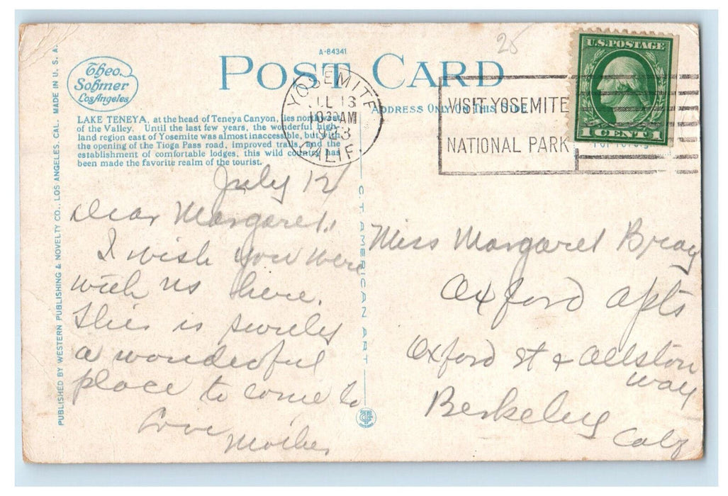 1923 Lake Teneya, Yosemite National Park, Yosemite California CA Cancel Postcard