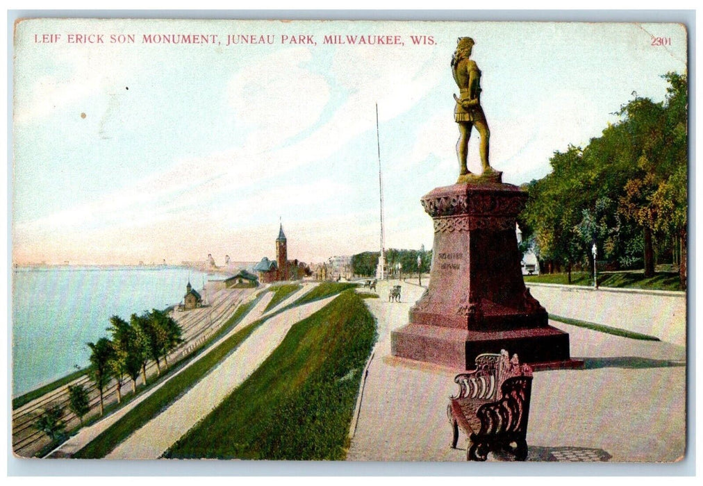 c1910s Leif Erick Son Monument Juneau Park Milwaukee Wisconsin WI Old Postcard