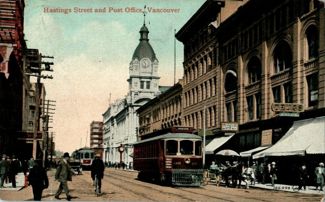 Hastings Street and Post Office Vancouver Canada 1912 Antique Trolley Postcard