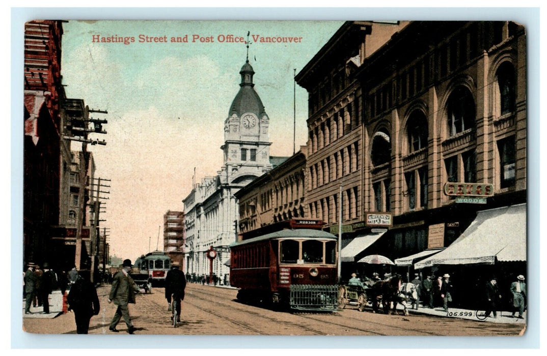 Hastings Street and Post Office Vancouver Canada 1912 Antique Trolley Postcard