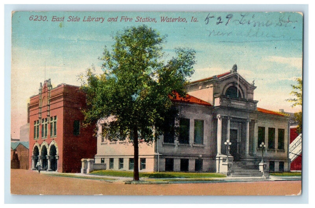 1912 East Library And Fire Station Building Waterloo Iowa IA Antique Postcard