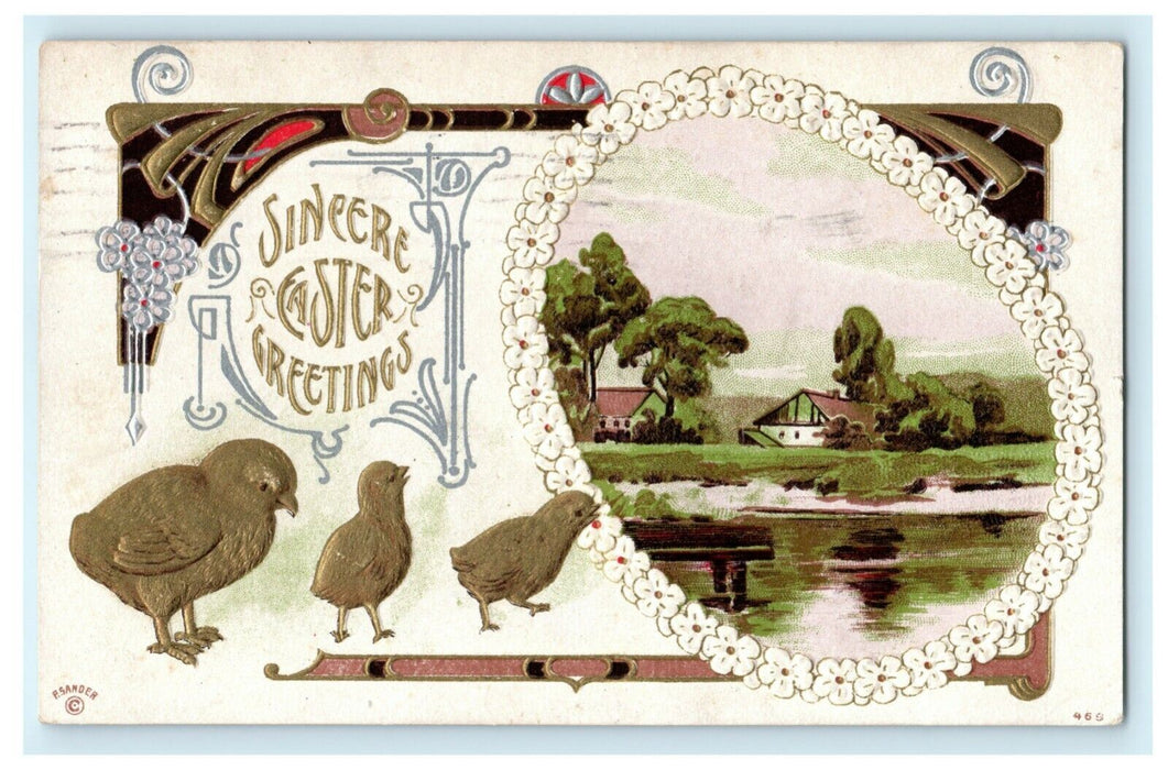 P. Sander 1911 Art Nouveau Easter Chicks Gold Flower Embossed Antique Postcard