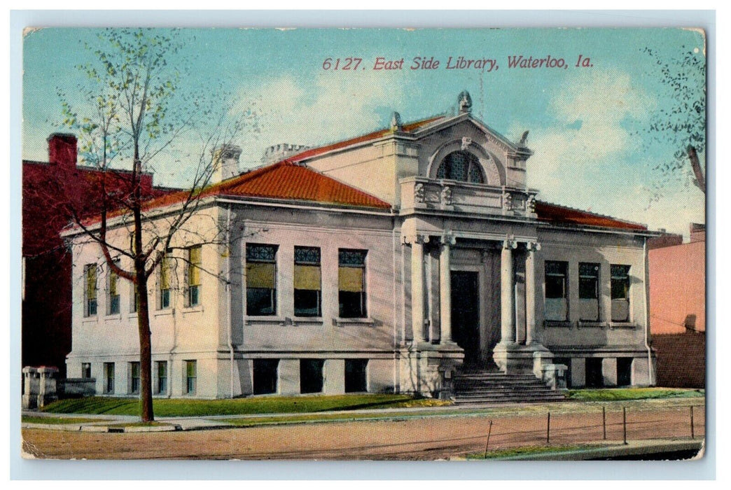 1913 East Side Library Street View Waterloo Hudson Iowa IA Antique Postcard