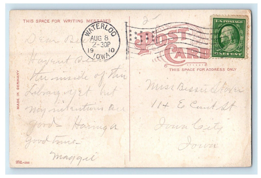 1910 East Side Library Building Waterloo Iowa IA Posted Antique Postcard