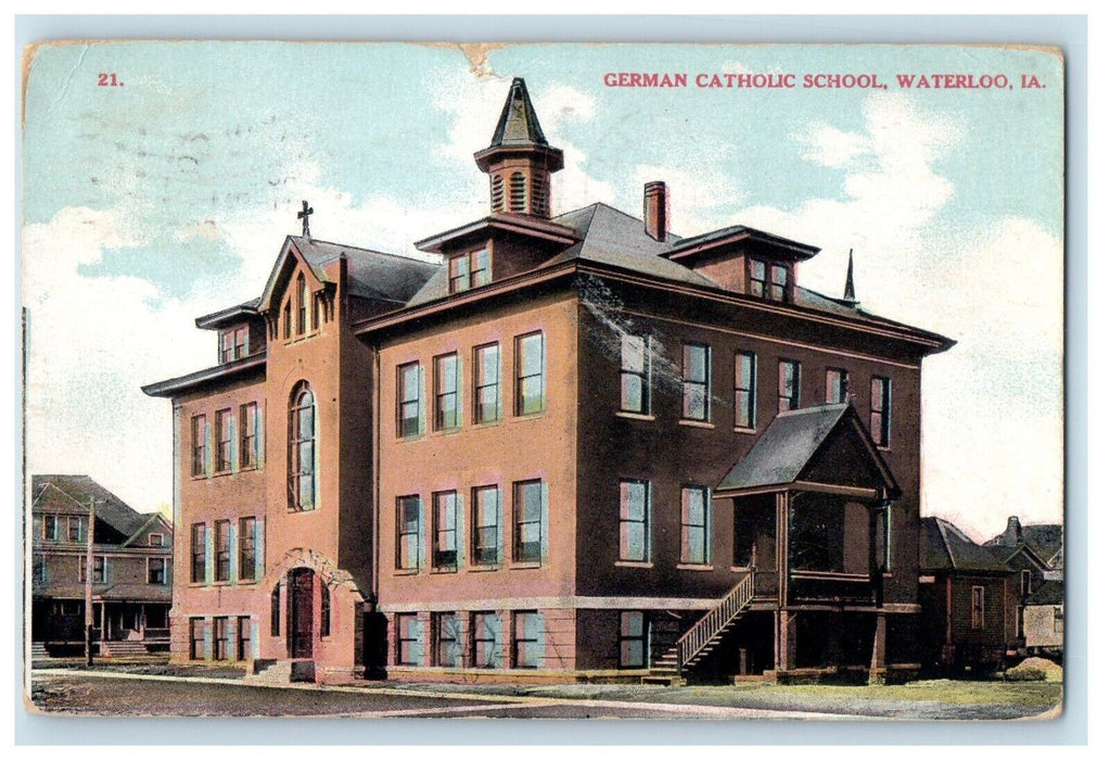 1908 German Catholic School Building Waterloo Iowa IA Posted Antique Postcard