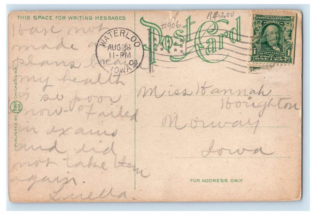1908 German Catholic School Building Waterloo Iowa IA Posted Antique Postcard