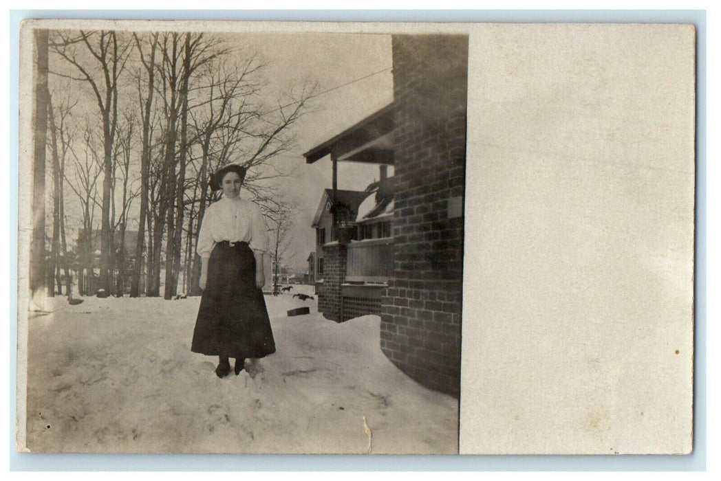 1909 Girl In Winter Snow Greenfield Massachusetts MA RPPC Photo Antique Postcard