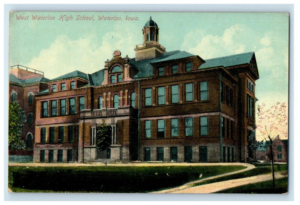 1910 West Waterloo High School Building Campus Waterloo Iowa IA Antique Postcard
