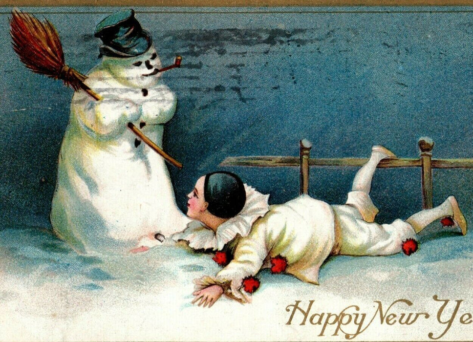 1909 Happy New Year Angry Snow Man Delavan WI Attacking Harlequin Clown Postcard