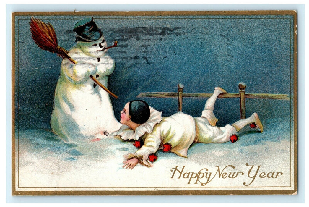 1909 Happy New Year Angry Snow Man Delavan WI Attacking Harlequin Clown Postcard