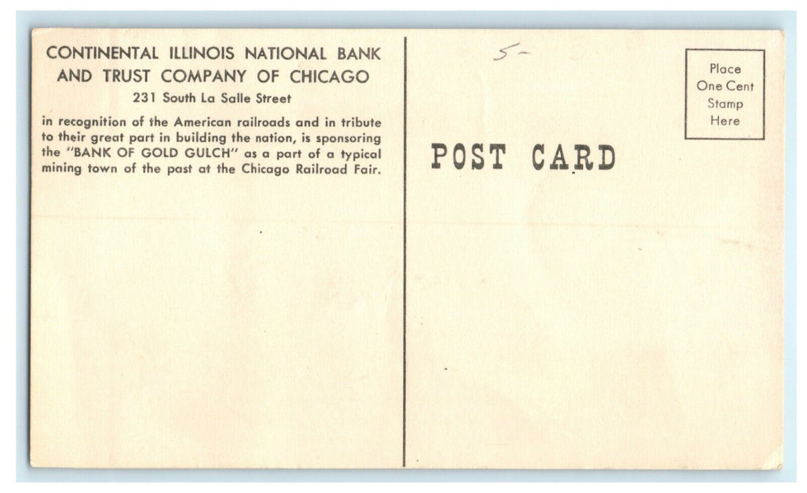 SEPTEMBER 1949 CHICAGO RAILROAD FAIR POST CONTINENTAL ILLINOIS BANK POST CARD