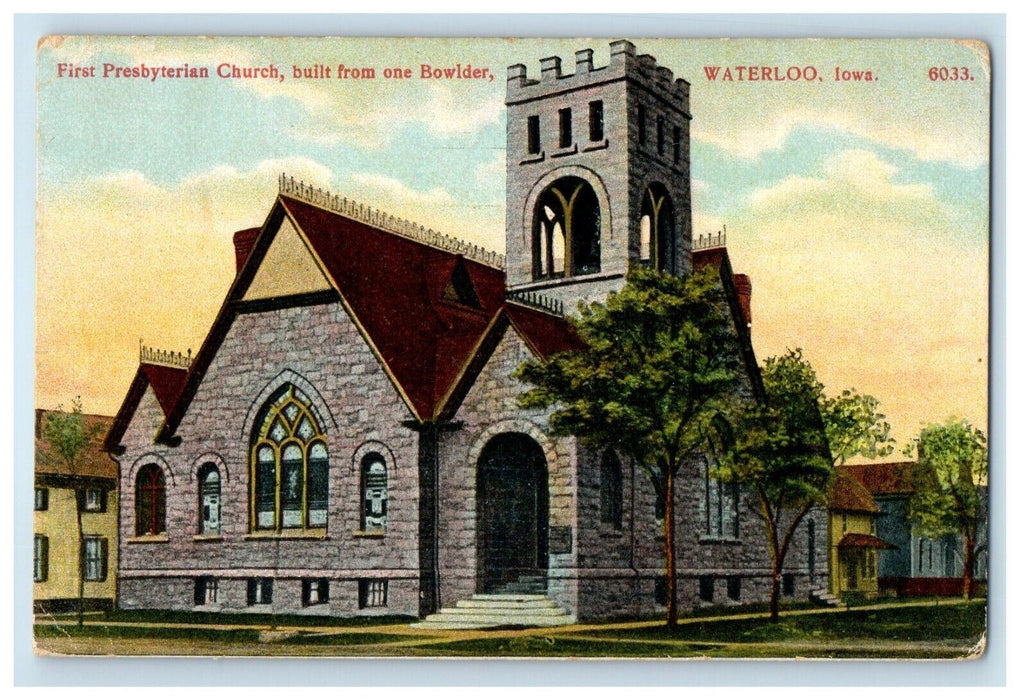 1909 First Presbyterian Church Built From Bowlder Waterloo Iowa IA Postcard