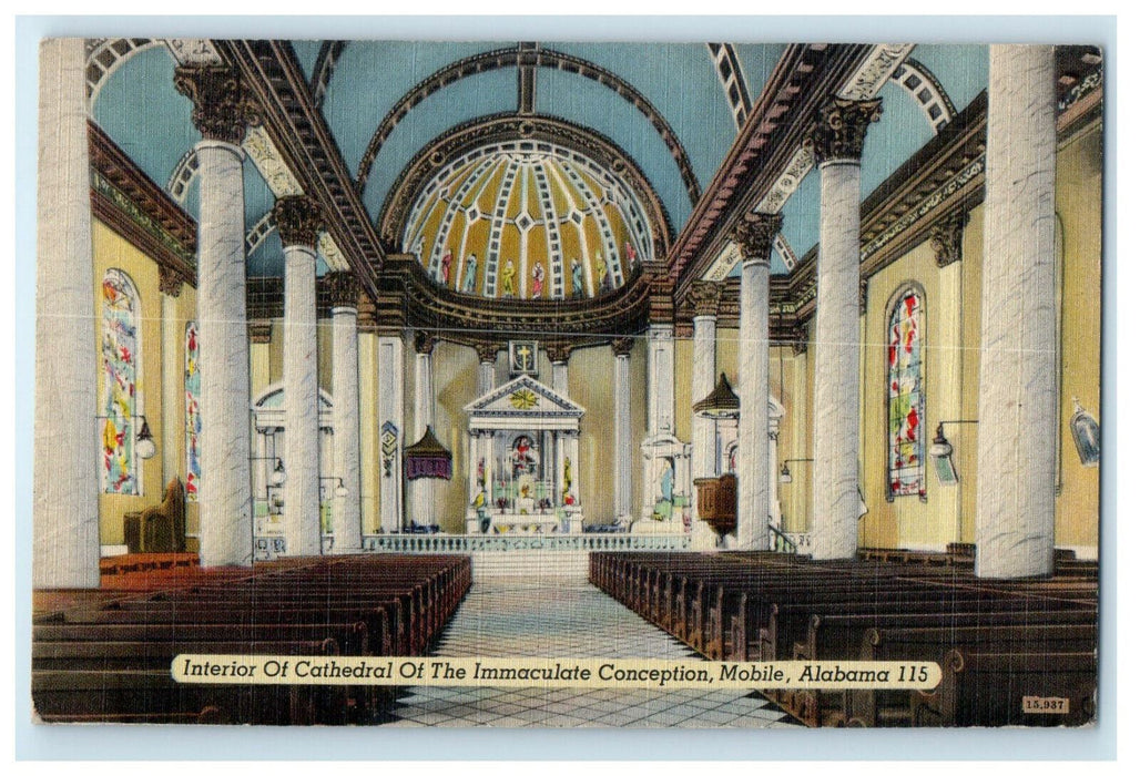 c1940s Interior of Cathedral of Immaculate Conception Mobile AL  Postcard