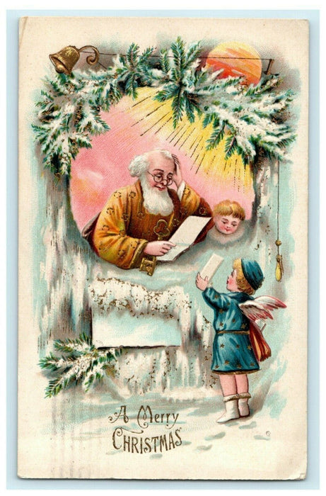 1908 Christmas Brown Robe Santa Angel Boy Letter Gold Gilt Germany Postcard