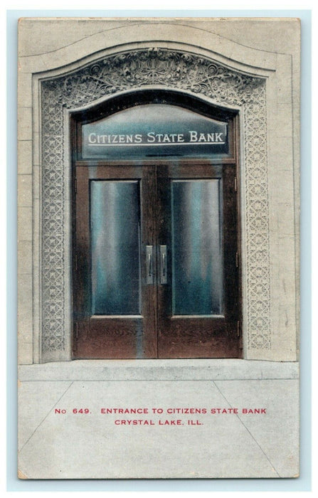 1915 Citizens State Bank Entrance Crystal Lake Illinois IL Antique Postcard