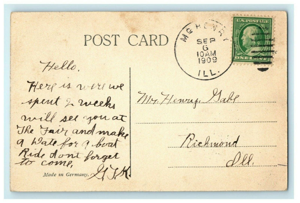 1909 Fox River McHenry Illinois IL Posted Antique Vintage Postcard